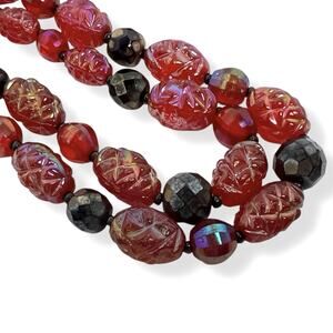 Necklaces Pair Molded Plastic Beads Translucent Red Shimmer AB Shades Gold Tone